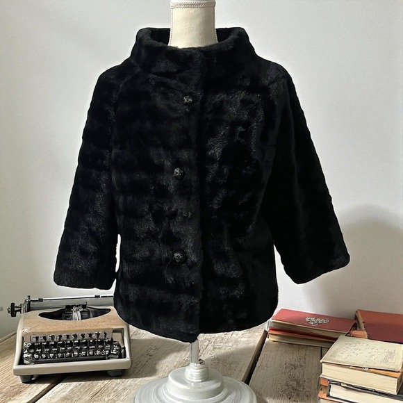 Vintage Winter Black Faux Fur Cropped Old Hollywood 60s Funnel Collar Jacket L - Picture 1 of 6